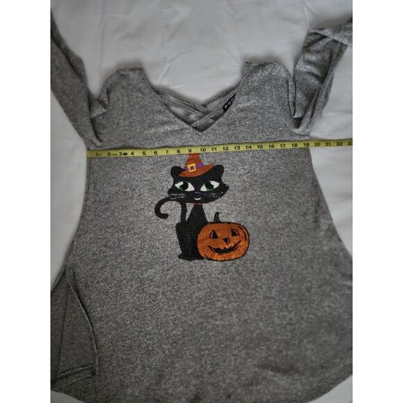 POOF New York Women's Sequins Halloween Black Cat Pumpkin Tunic Top Size Medium - Picture 10 of 12